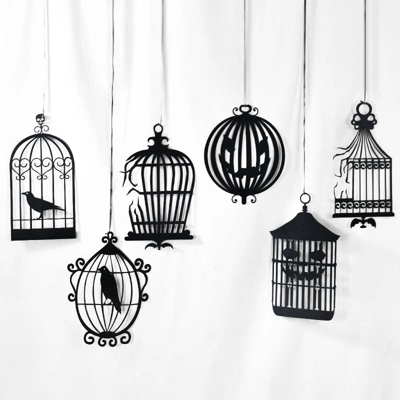 YOUMIKA  -  Halloween Black Crow Birdcage Hanging Ornaments Paper Banner Garland For Halloween Party Home Indoor Decoration Horror Props