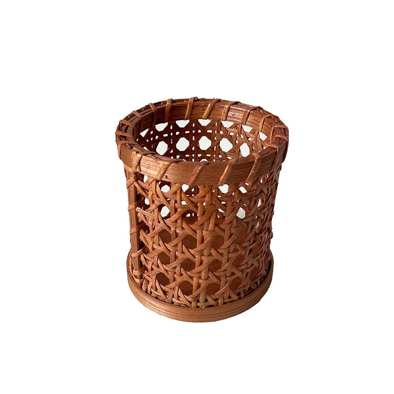 YOUMIKA  -  White Vine Hand Woven Cylindrical Pen Holder,bamboo Woven Small Cylinder Tableware Storage Basket,small Miscellaneous Basket Set