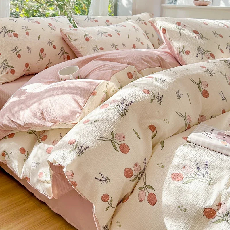 YOUMIKA  -  Fresh Plant Flower Bedding Set Pink Floral Duvet Cover Soft Wash Cotton Home Textiles Pillowcase Sheet Girls Adults Bed Linens