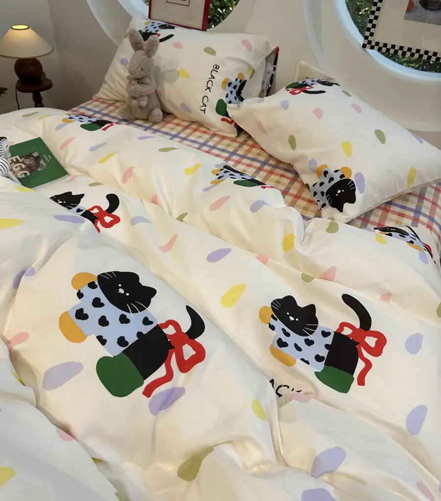 YOUMIKA  -  Cute Cartoon Cat Bedding Set Kid,twin Full Queen Lovely Colorful Cotton Plaid Dot Home Textile Bed Sheet Pillow Case Quilt Cover