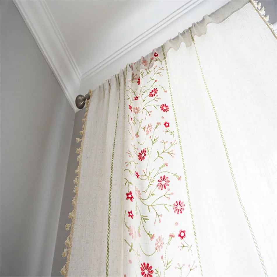 YOUMIKA  -  Cotton Linen Embroidery Curtains Road Pocket Shade Curtain Tassel for Kitchen Bedroom Living Room Bay Window Cabinet Curtain