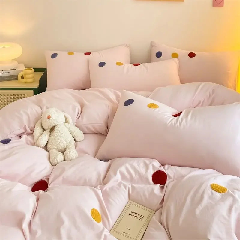 YOUMIKA  -  INS Pink Bedding Set Solid Color Soft Bed Flat Sheet Pillowcase Adults Kids Single Twin Full Queen Size Cute Dots Duvet Cover