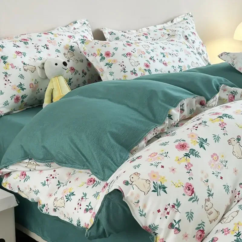 YOUMIKA  -  Pastoral Bedding Set Floral Ins Duvet Cover Flat Sheet and Pillowcases Single Queen Full Size Kids Girls Bed Linens NO Filler