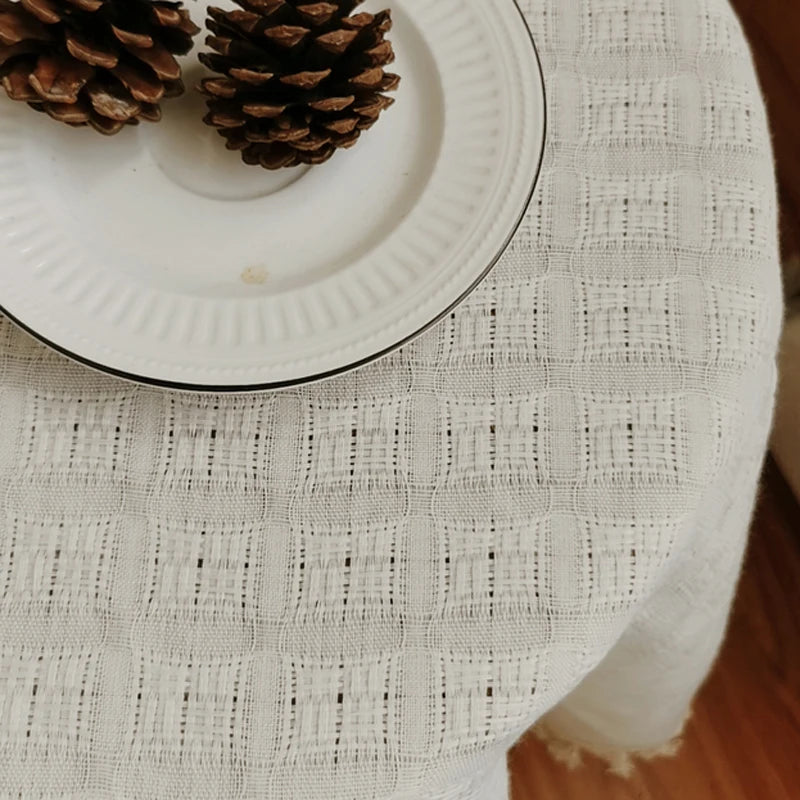 YOUMIKA  -  Waffle Jacquard Tablecloth with Tassels Cotton Linen Table Cloths Washable for Wedding Party Dining Banquet Luxurious Decoration