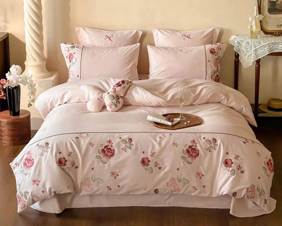 YOUMIKA  -  Romantic sweet embroidery flower rose red bedding set,full queen king 100s cotton home textile bed sheet pillow case duvet cover