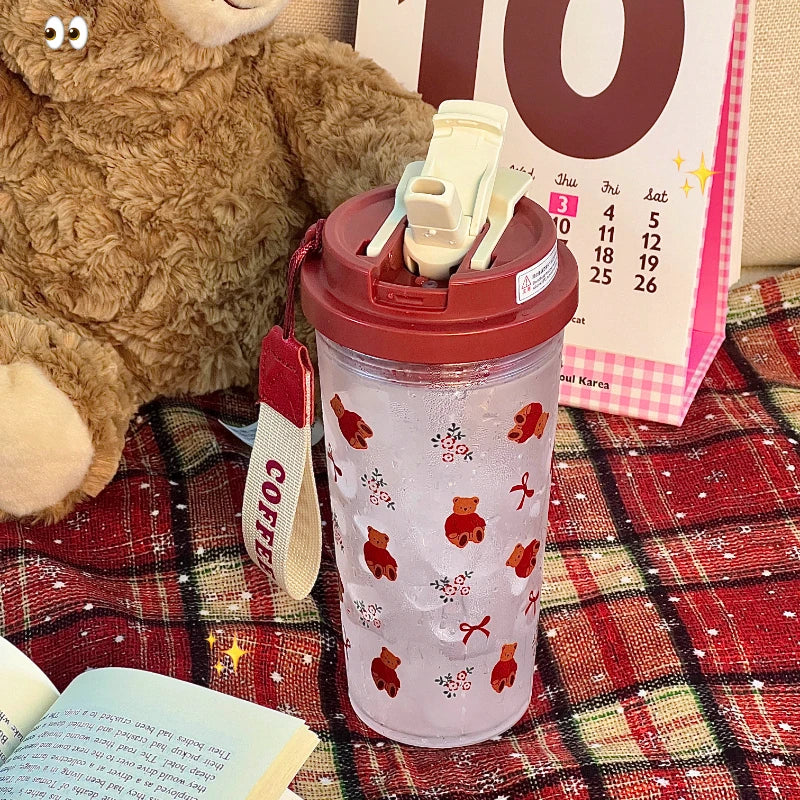 YOUMIKA  -  Cute Red Bear Bow Water Cup Summer Large Capacity Straw Double Mouth High Temperature Resistant Tritan Material