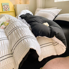 YOUMIKA  -  White Black Stripe Ruffled Seersucker Duvet Cover Soft Princess Solid Color Bedding Set with Fitted Sheet Pillowcases Simple