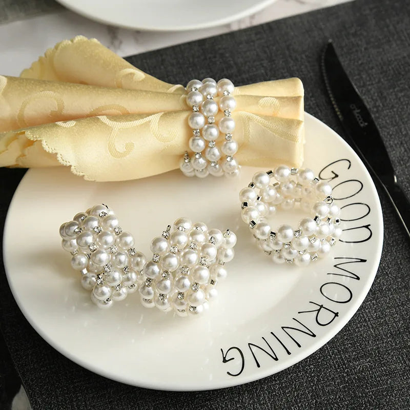 YOUMIKA  -  6PCS Highlighted Pearls Napkin Rings,Wedding Napkin Holder,U-Shaped Napkin Buckle for Festival Dining Room Dinner Table Decor