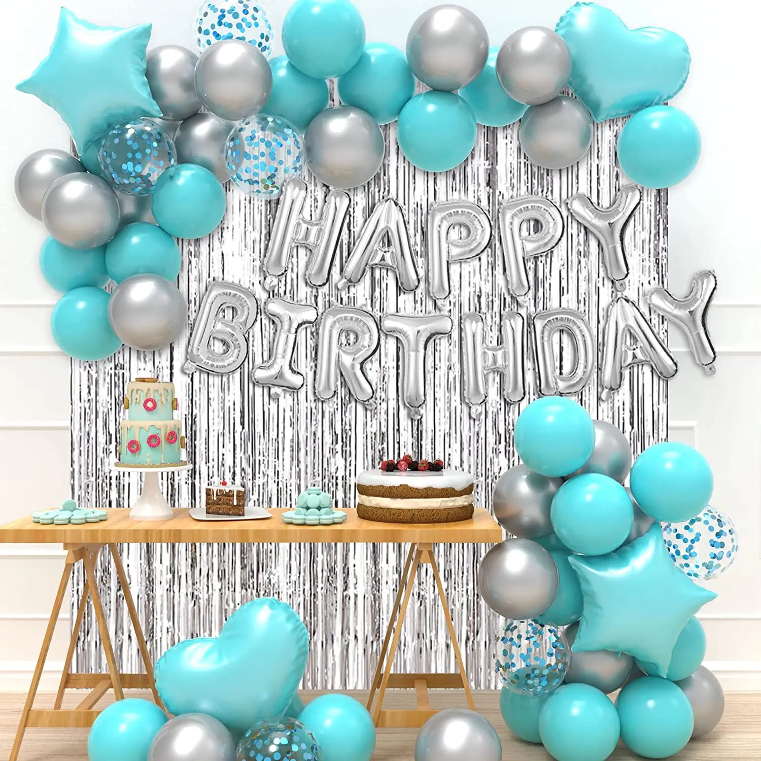 YOUMIKA  -  Birthday Party Decorations Set with Banner Confetti Latex Balloon Heart Foil Balloon Fringe Curtain for Birthday Party Supplies