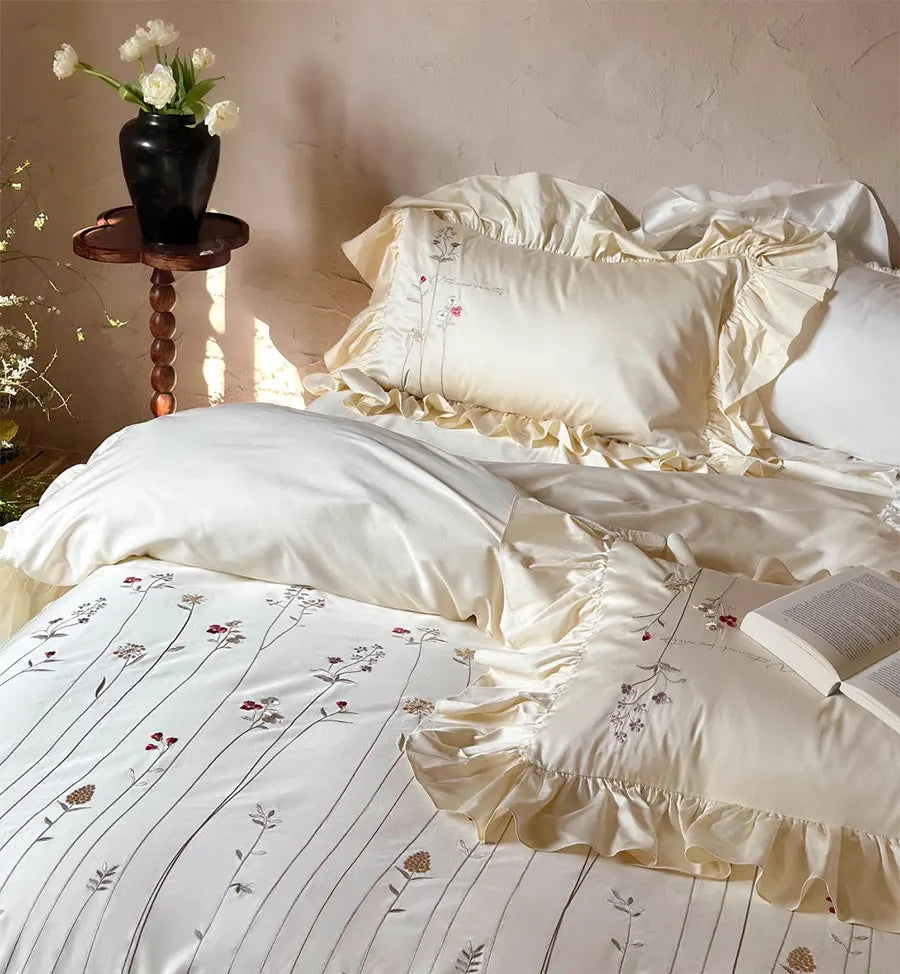 YOUMIKA  -  Vintage elegant pastoral flower embroidery beding set girl,full queen king cotton home textile bed sheet pillow case quilt cover