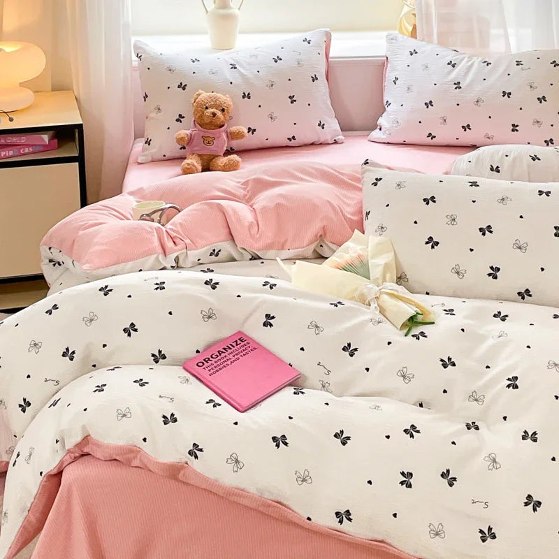 YOUMIKA  -  Ins Black Bowknot Bedding Set Pink Bed Flat Sheet Duvet Cover Twin Full Queen Princess Style Bed Linen Girls Quilt Cover