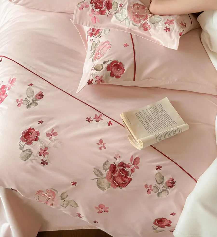 YOUMIKA  -  Romantic sweet embroidery flower rose red bedding set,full queen king 100s cotton home textile bed sheet pillow case duvet cover