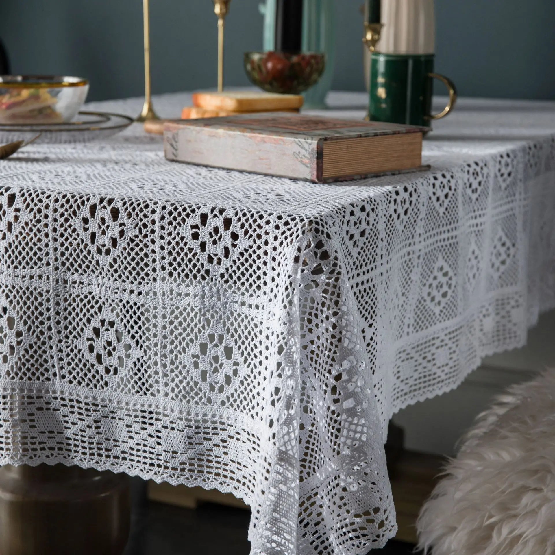 YOUMIKA  -  Polyester Cotton Tablecloth with Crochet Hook, Hollow Out Table Cover, Decoration for Kitchen, Wedding, Dining Room