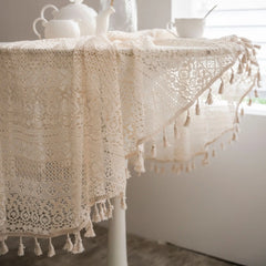 YOUMIKA  -  Circular Polyester Cotton Tablecloth, Crochet Hollow Out Tassels, American Rural Style Tablecover, 150cm