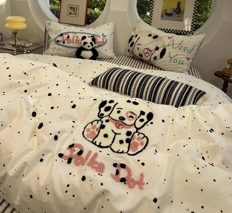 YOUMIKA  -  Cute towel embroidery dalmatian stripes bed set,twin full queen spotted dog cotton home textile bed sheet pillowcase quilt cover