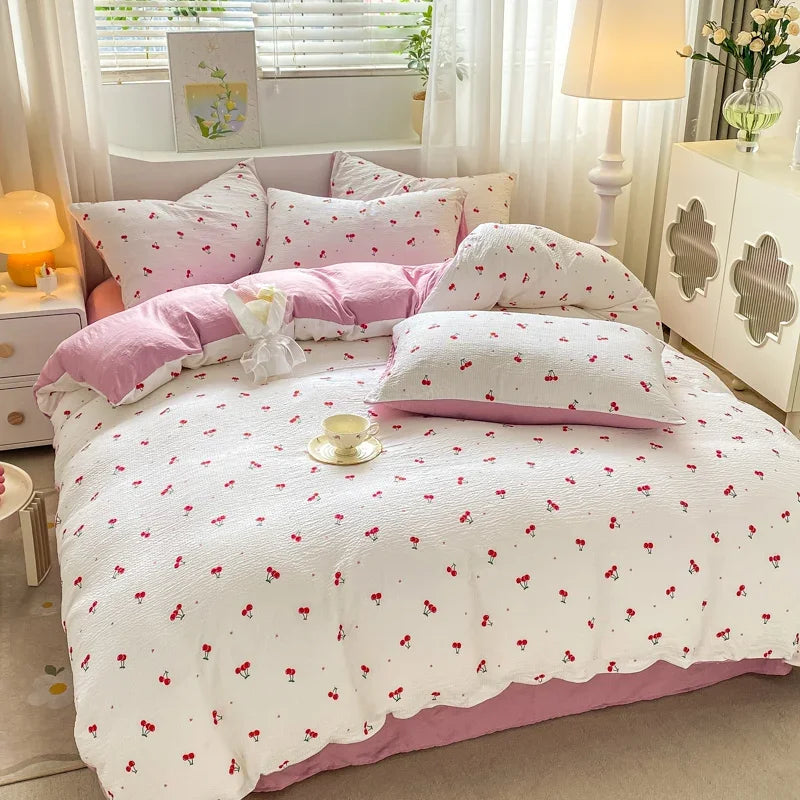 YOUMIKA  -  Cute Cherry Bedding Set NO Filler INS Duvet Cover Soft Single Double Quilt Cover Sheet Girls Adults Home Textiles Decor Bedroom