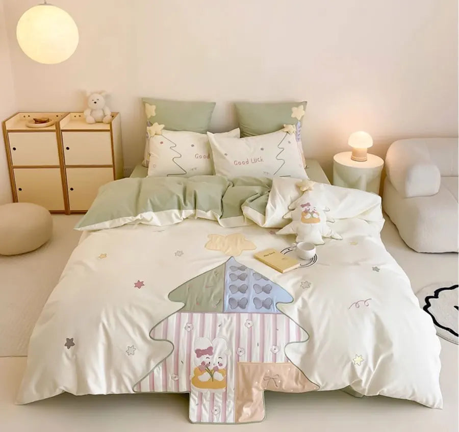 YOUMIKA  -  Fashion cute embroidery rabbit green bedding set double,full queen king cotton home textile bed sheet pillow case quilt cover