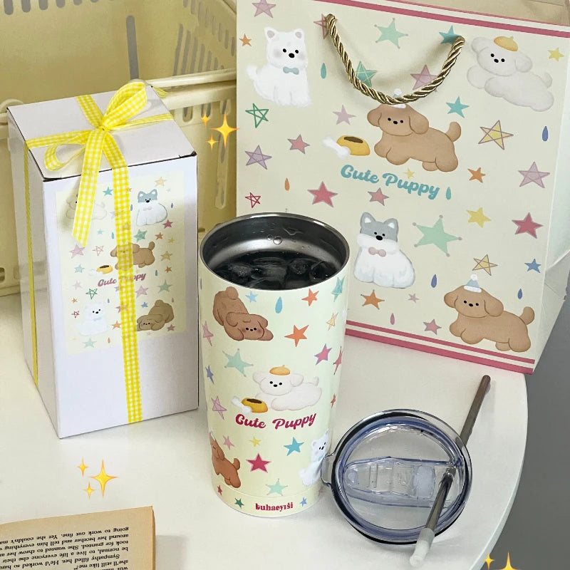 YOUMIKA  -  Cute Star Puppy Large Capacity 304 Stainless Steel Direct Drinking Mouth Straw Insulated Cup Cartoon Cold Insulation