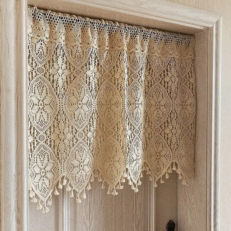 YOUMIKA  -  Rustic Crochet Pocket Lace Curtains with Tassel for Window, Sheer Valance, Cotton Lace, Farmhouse, Home Decor, Kitchen