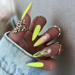 YOUMIKA  -  24Pcs Gradient Yellow Sequins False Nails with Almond Geometry Design Stiletto Press on Nails Long Wearable Fake Nail Tips