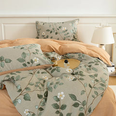 YOUMIKA  -  100% Cotton Brushed Green Branch Leaves Flowers Bedding Set Twin Double Queen Comforter Cover with Zipper Bed Sheet Pillowcases