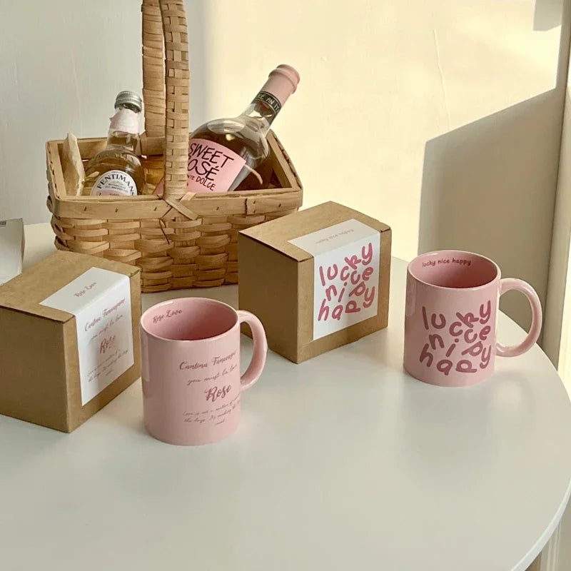 YOUMIKA  -  Korean Creative Romantic English Pink Cream Ceramic Cup Couple Gift Breakfast Mug Coffee Cups