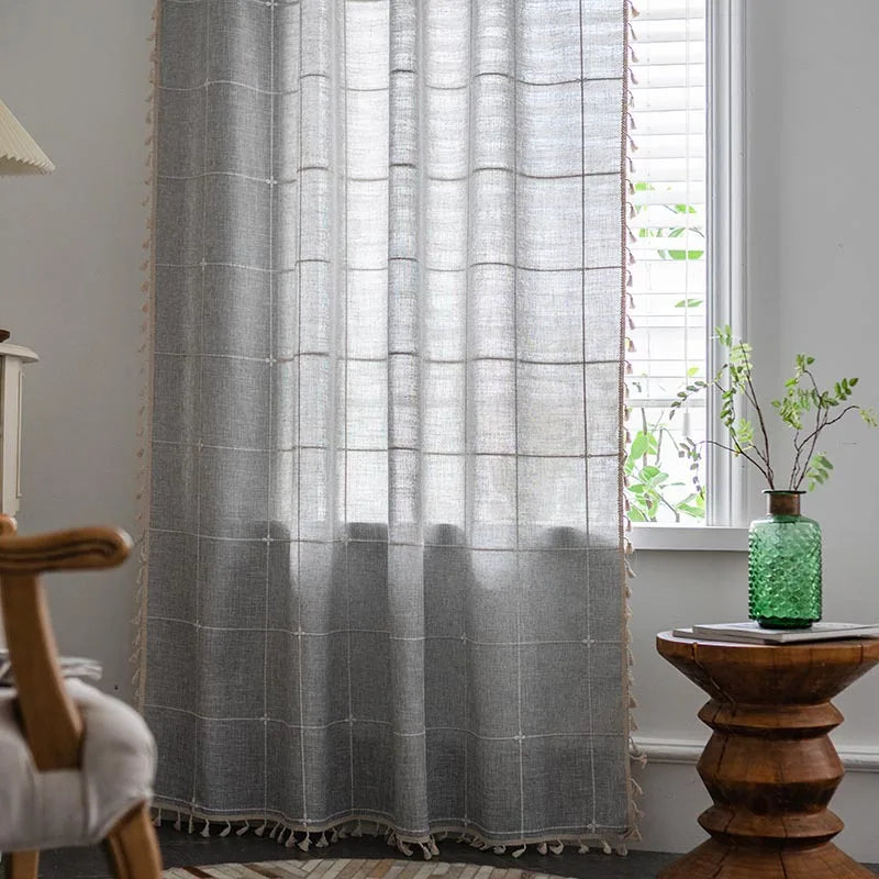 YOUMIKA  -  Jacquard Polyester Curtains with Checkered Lines, Beige Tassel Shading Curtain, Living Rooms Bedrooms, Coffee Shops