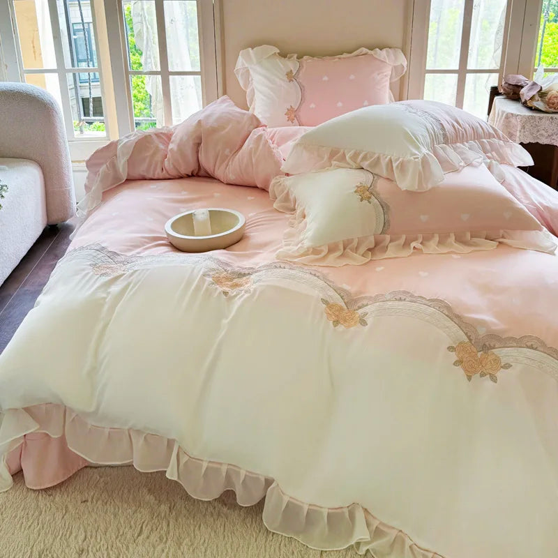 YOUMIKA  -  Rose Flowers Embroidery Lace Princess Wedding Bedding Set Soft Skin-friendly Duvet Cover Set Flat Sheet With Pillowcases 4Pcs