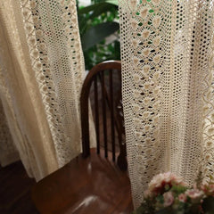 YOUMIKA  -  Boho Chic Beige Crochet Knitting Curtains for Bedroom Cotton Linen Hollowed Retro Farmhouse Patio Window Drapes