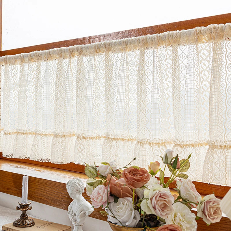 YOUMIKA  -  Boho Sheer Curtain Valance Crochet Lace with Hollow Knitted Handmade Tassels Short Farmhouse Window Treatments for Kitchen Cafes