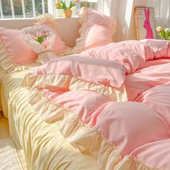 YOUMIKA  -  Princess Korean Style Bedding Set Aesthetic Queen Full King Size Solid Color Double Bed Bedspread Sheets Ruffled Duvet Cover Set