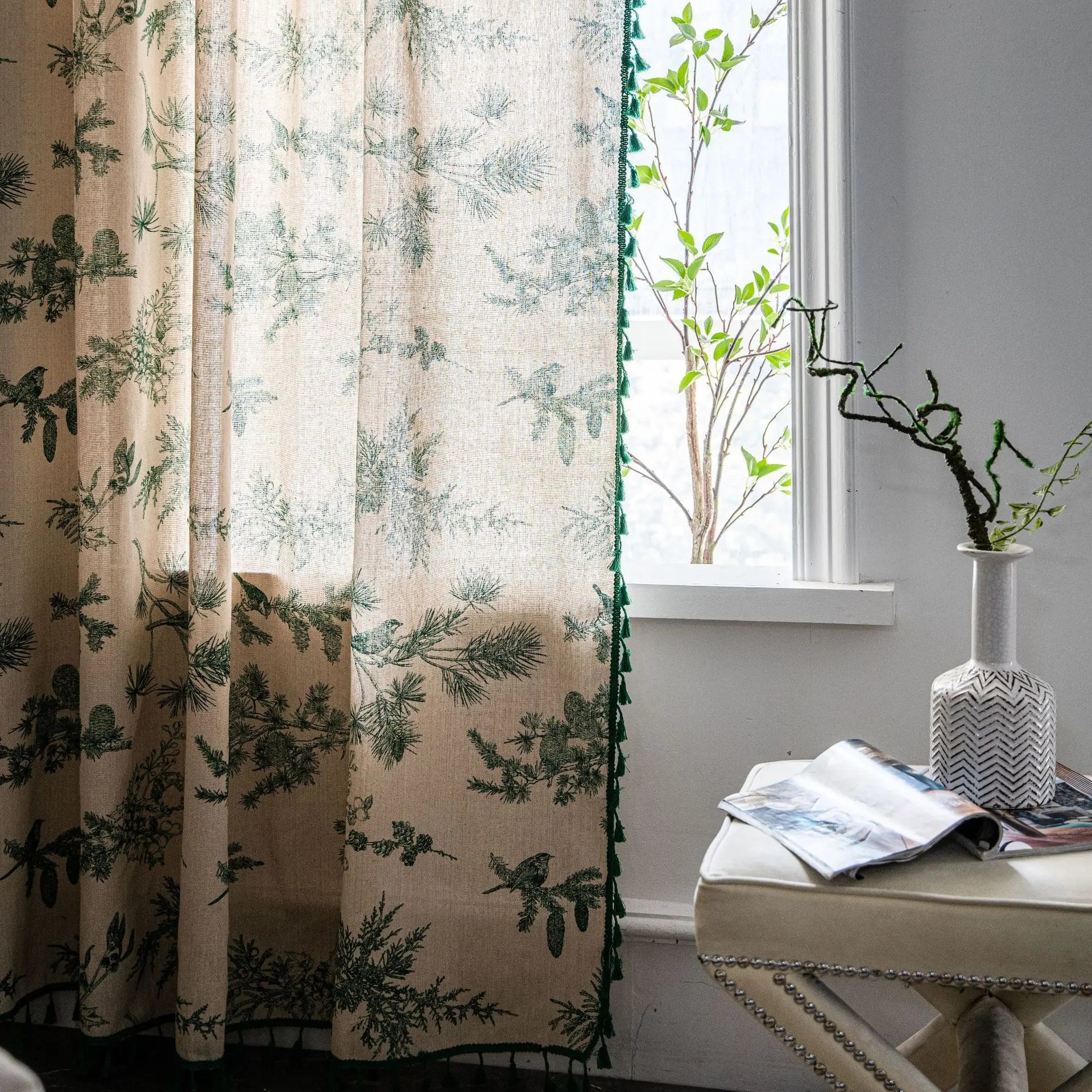 YOUMIKA  -  Cotton Linen Green Pine Nut Printed Curtains with Semi Shading Tassel, Bedrooms, Living Rooms, Coffee Shops