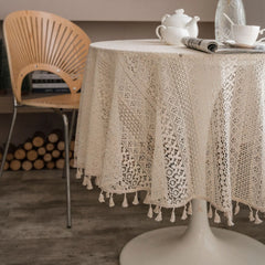 YOUMIKA  -  Circular Polyester Cotton Tablecloth, Crochet Hollow Out Tassels, American Rural Style Tablecover, 150cm