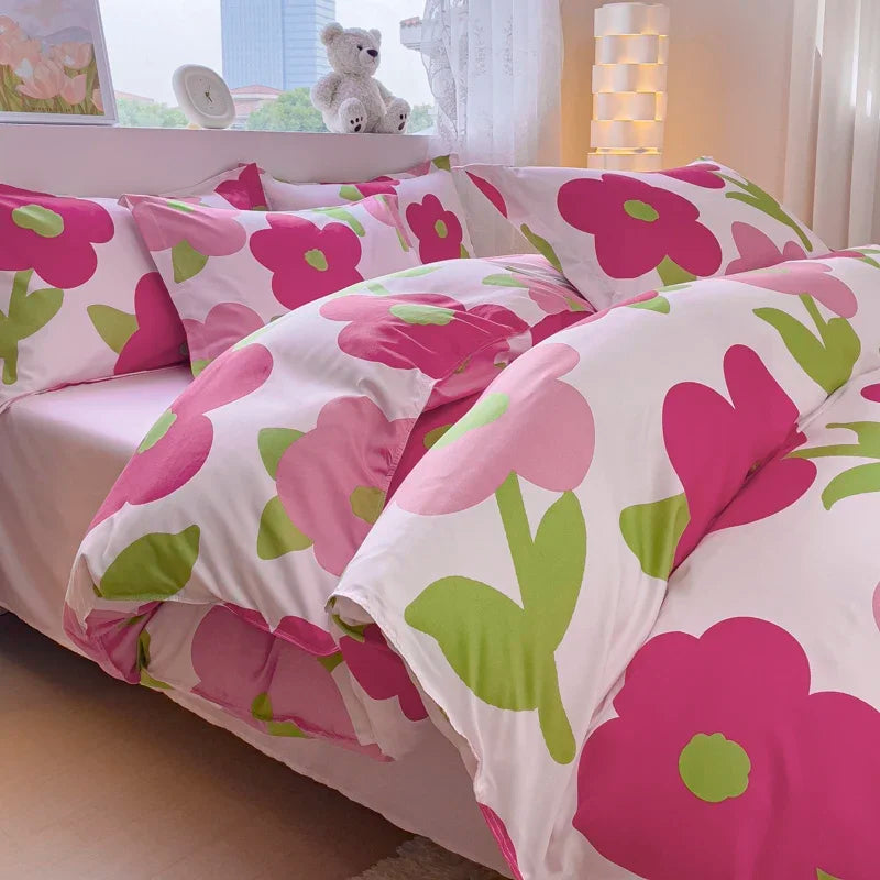 YOUMIKA  -  Pastoral Bedding Set Floral Ins Duvet Cover Flat Sheet and Pillowcases Single Queen Full Size Kids Girls Bed Linens NO Filler