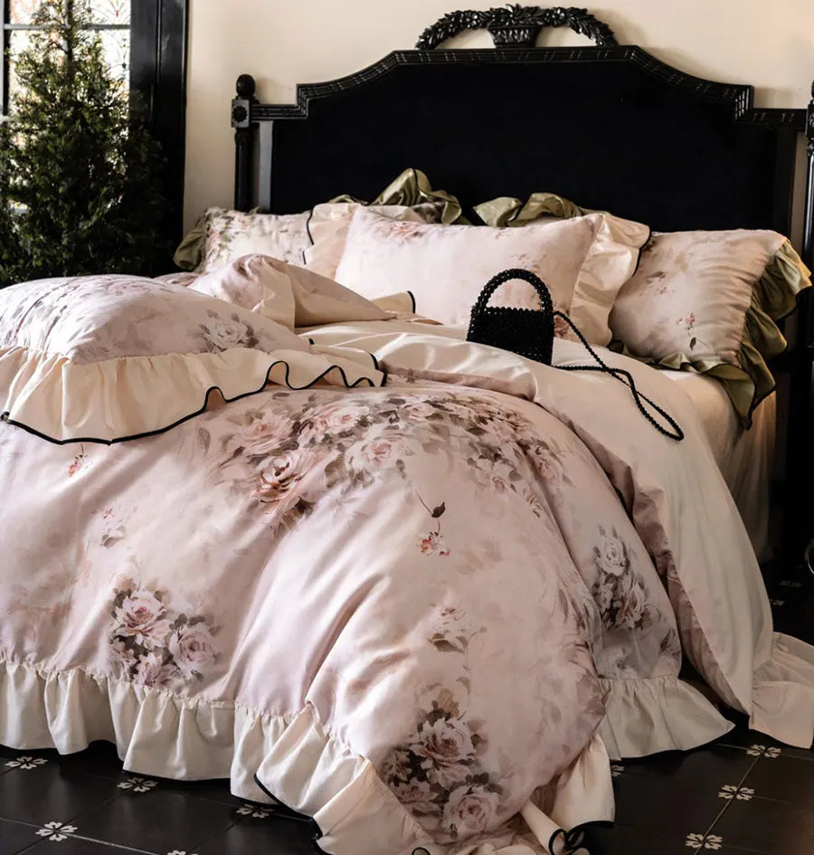 YOUMIKA  -  Vintage european french pastoral flower pink green bedding set,full queen king home textile bed sheet pillow case duvet cover