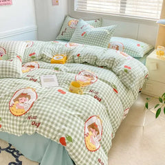 YOUMIKA  -  Fresh Botanical Floral Bedding Set INS Girls Soft Washed Cotton Bed Sheet Duvet Cover Pillowcase Bed Linens Single Double Size