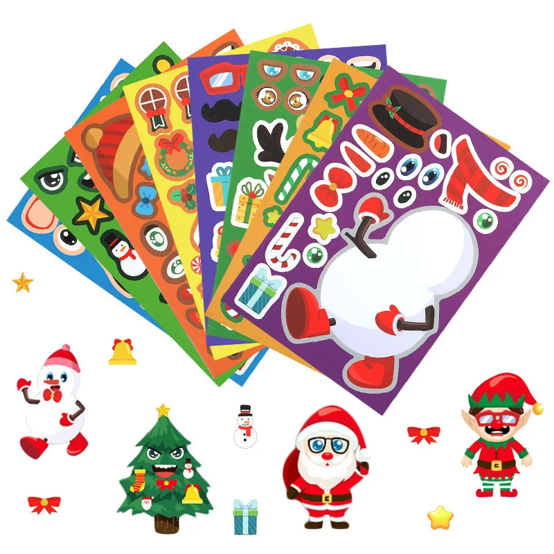 YOUMIKA  -  8/16Sheets Christmas Puzzle Stickers Santa Snowman Xmas Tree Make a Face Sticker Kids New Year Party Favors Toy Gift Decoration