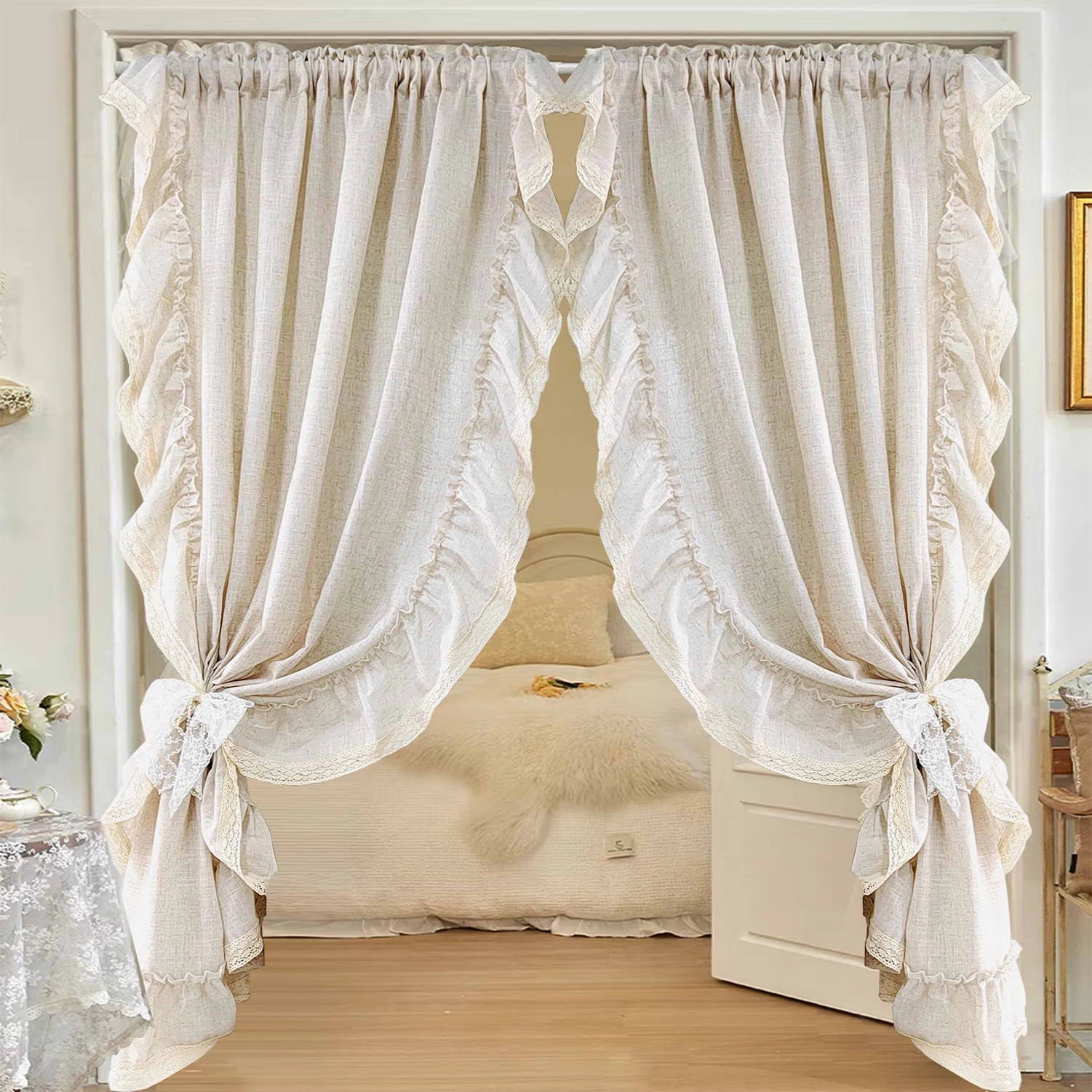 YOUMIKA  -  Romantic French Ruffled with Splicing Crochet Lace Gauze Curtains For Bedroom, Retro Home Kitchen Window Screen Drapes Decor