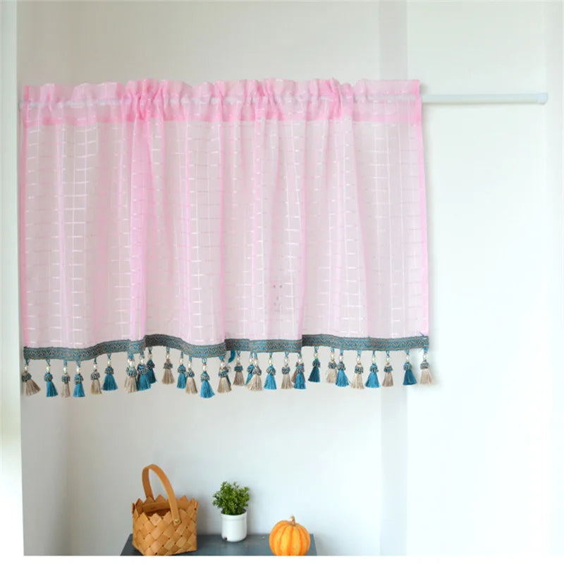 YOUMIKA  -  Boho Kitchen Curtains Modern Farmhouse Cotton Linen Short Window Panel Country Gingham Tassel Cafe Semi-Sheer Curtain Decoration