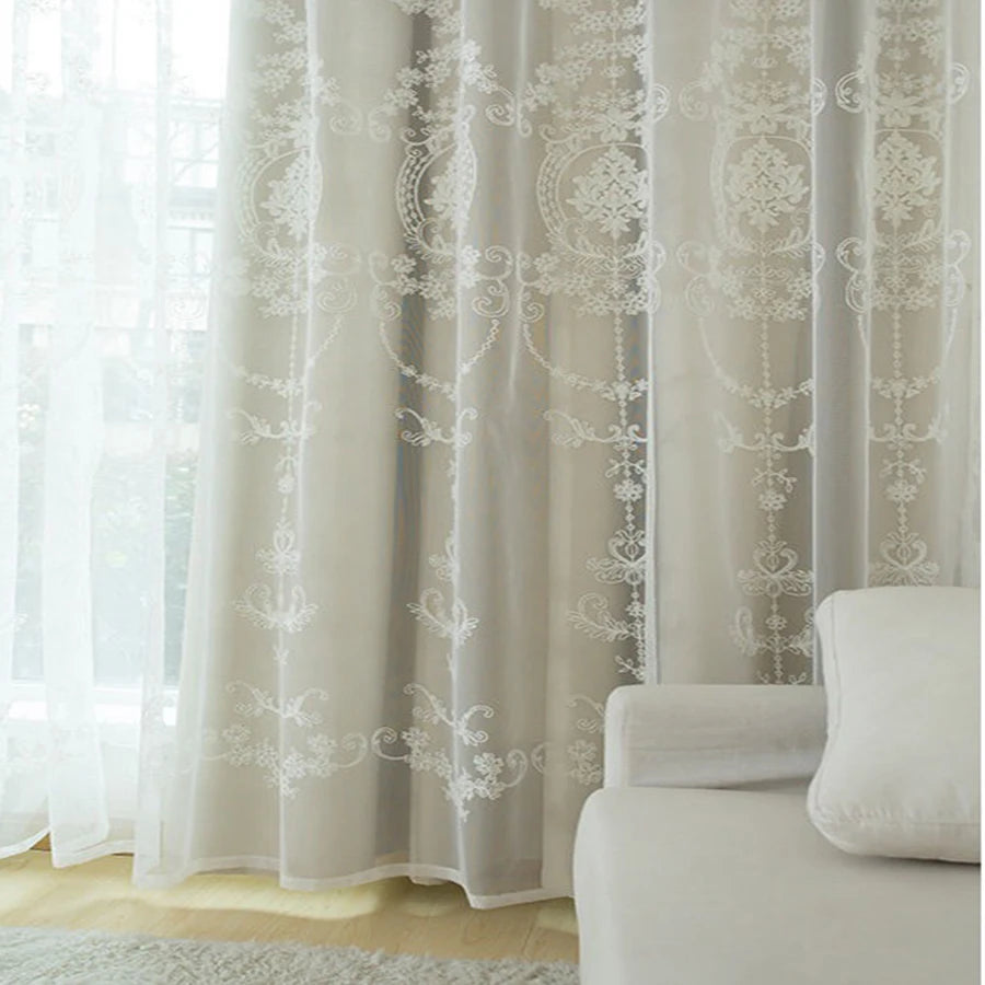 YOUMIKA  -  European Window Treatment White Embroidered Sheer Curtains with Beige Blackout Cloth Double Layer Drapes for Living Room Decor