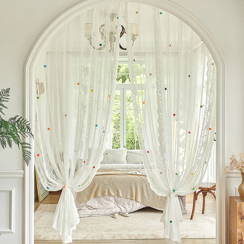 YOUMIKA  -  Rainbow Pom Pom Curtains Light Filtering Rod Pocket Bohemian Voile Window Drapes for Living Room Bedroom Nursery Girls Kids Room