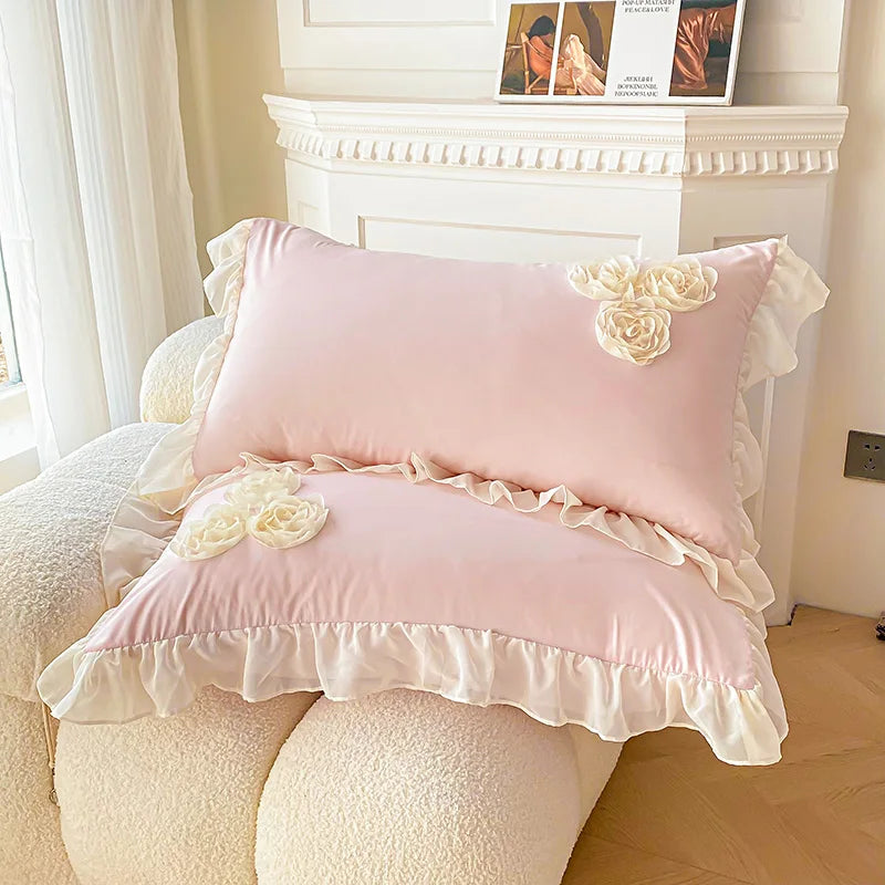 YOUMIKA  -  3Pcs Pink Skin-friendly Soft Three-dimensional Flowers Embroidery Lace Ruffles Princess Bedding Set Duvet Cover With Pillowcases