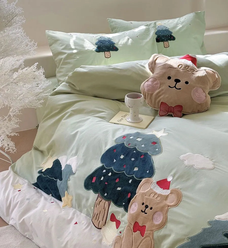 YOUMIKA  -  Cute cartoon embroidery bear dog green bedding set,twin full queen king cotton home textile bed sheet pillow case quilt cover