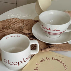 YOUMIKA  -  Korean Retro French Ceramic Coffee Cups and Plates Latte Afternoon Tea Coffee Cups Red Lines and Floral Patterns