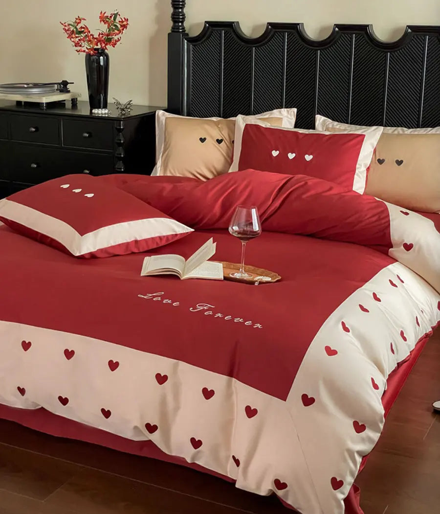 YOUMIKA  -  Fashion sweet red khaki heart bedding set,full queen king trend modern cotton home textile bed sheet pillow case duvet cover