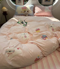 YOUMIKA  -  Cute Cartoon Embroidery Rabbit Cake Stripe Bedding Set Kid,twin Full Queen Cotton Home Textile Bed Sheet Pillow Case Quilt Cover