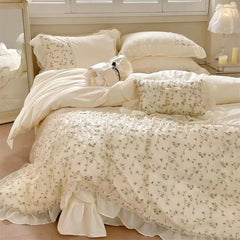 YOUMIKA  -  Elegant French Style Floral Lace Ruffles Embroidery Princess Wedding 100% Cotton Bedding Set Duvet Cover Bed Sheet Pillowcases