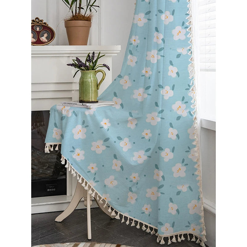 YOUMIKA  -  American Pastoral Blue White Flower Leaf Cotton Blackout Curtains For Bedroom Blue Cotton Window Treatment Drapes