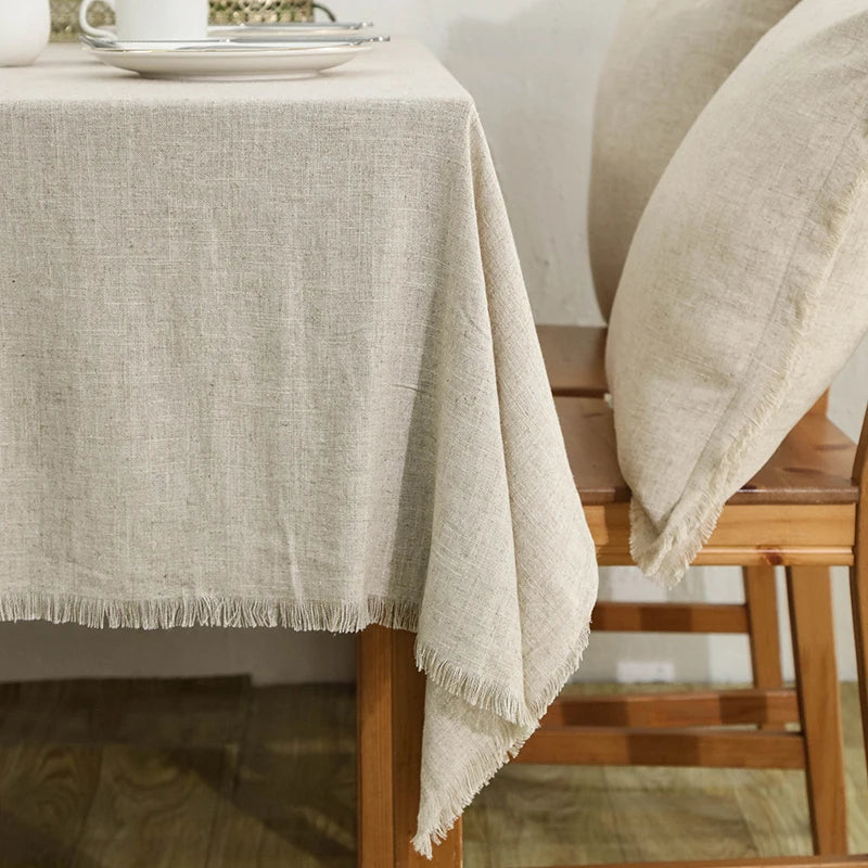 YOUMIKA  -  Boho Shabby Chic Style Tablecloth, Cotton Linen, Monochromatic, Village Table Cover, Tassels Rectangle for Kitchen Dining Room