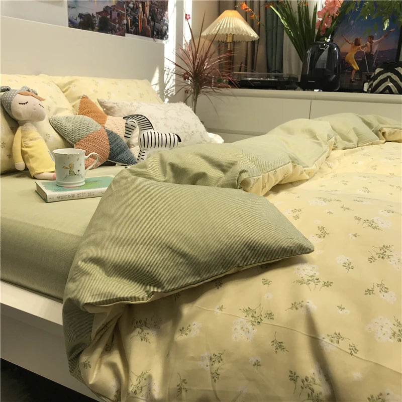 YOUMIKA  -  3/4pcs Korean Pastoral Style Small Floral Duvet Cover Bedding, Pure Cotton Light Yellow Artistic 1.2/1.5/1.8/2m Bed Sheets